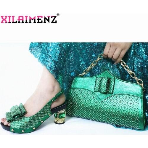 Green Color New Arrivals Elegant Spring Women Party Shoes And Bag Set For Party Italian Style High Heel Sandals And Bag Set