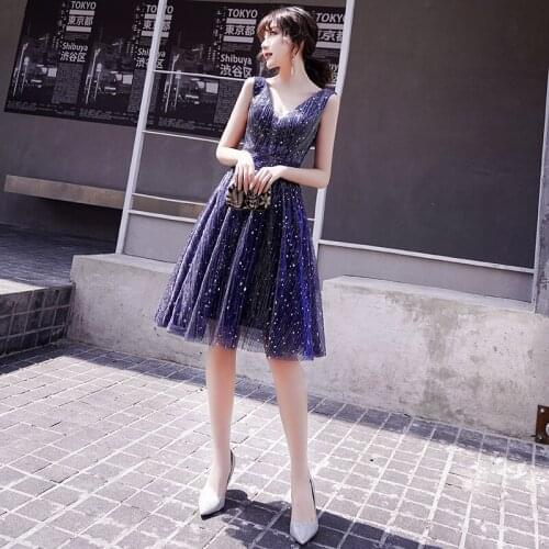 Charming Short Starry Blue Evening Gowns For Women V-Neck Sequined Knee Length Prom Dresses 2021 New Double V Vestido Corto
