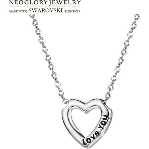Neoglory S925 Sterling Silver Long Pendant Charm Necklace Romantic Cute Love Heart Letters Allergy Free For Anniversary Gift