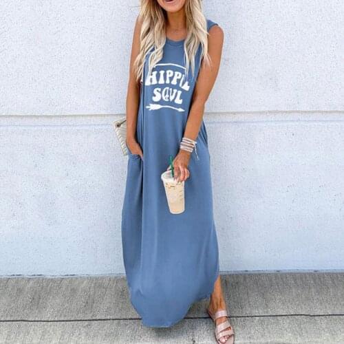 Casual Long Dress Fashion Women O-neck Sleeveless Letter Printed Casual Boho Long Maxi Dress Summer Dress Vestido De Mujer L42