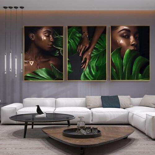 Modern Nude Girl with Leaf Canvas Painting Black Women Lip Posters Prints Cuadros Wall Art for Living Room Home Decor (No Frame)
