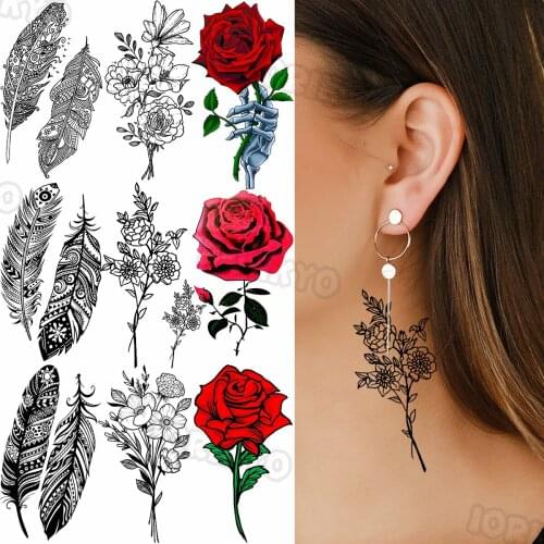 Black Sweet Pea Temporary Tattoos Small For Women Girls Adults, Colorful Roses, Flower Fake Tattoo Stickers Neck Leg Tatoos