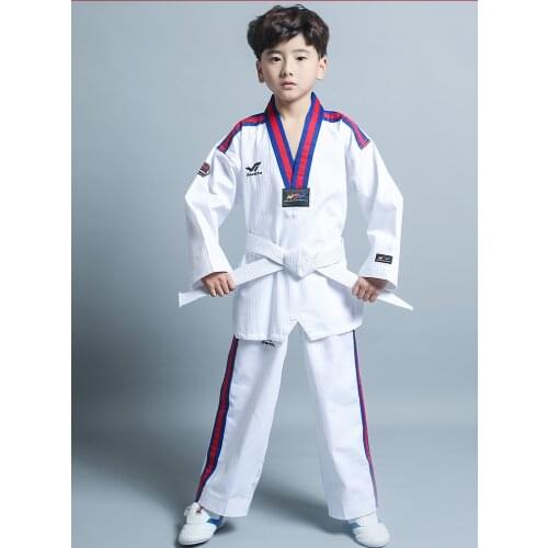 Taekwondo Clothes Autumn and Winter WTF Doboks Child Adult Training Uniform 100% Cotton Comfortable Blue Red Stripes Collar
