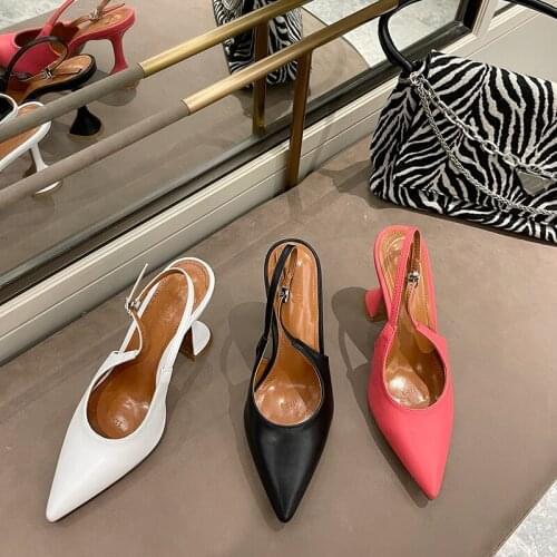 Fashion Women Sandals Pointed Toe Back Strap Thin High Heels Big Size 35-42 White/Black/Pink Slingback Party Wedding Shoes Woman