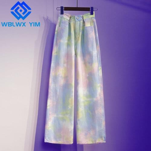 Plus size 5XL Jeans Women Fashion Tie dye Pocket High Waist Jeans Loose Casual Denim Straight Pants Washed Jeans Trousers Female