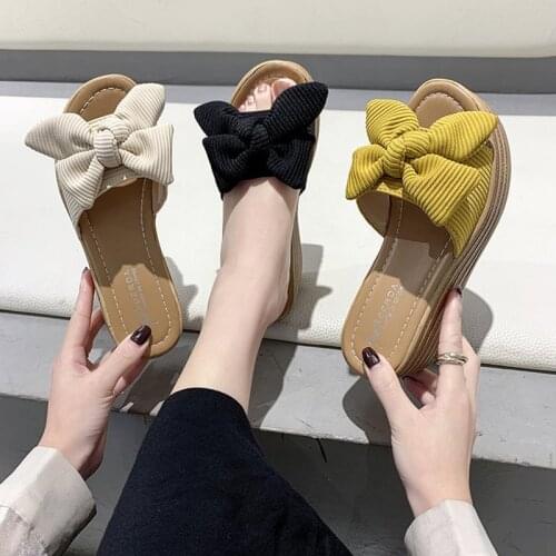 2021 New Summer 7cm Platform Wedge Slippers Women Shoes Butterfly-knot Clog Fabric Bow Mules Flip Flop Light Slides