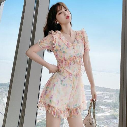 Multicolor Patchwork Floral Print Playsuits Women Sexy V Neck Short Sleeve Sashes Holiday Summer Jumpsuits Asymmetric Mini Robe