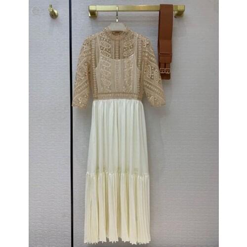 2021 Women Vintage Runway Dress High Waist Lace Hollow Out Spring Summer New Fashion Party Night Midi Dresses Y2k Vestidos Robe