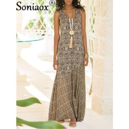 Womens Boho Vintage Maxi Dress Printing Splicing V Neck Loose High Waist Dresses Sleeveless Summer Retro Vestidos Clothes 2021