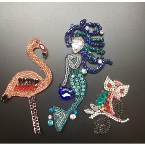 1Piece Mermaid Bird Rhinestones Beaded Brooch Patches Applique Embroidery Fabric Sew on Patch Fashion Clothes Decoration