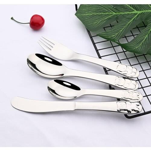 4Pcs Kids Dinnerware Cutlery Set 304 Stainless Steel Cartoon Lovely Knife Fork Dinner Sets Children Flat ware Tableware Set