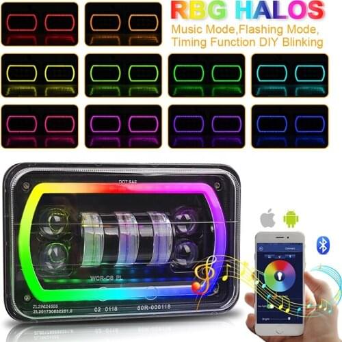 Bluetooth Control Car Square Light With RGB Halo Truck 4x6 Inch Rectangle Headlight For Off Road Headlamp