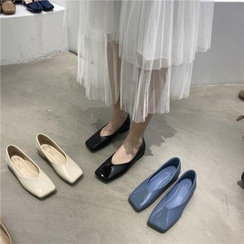 Shiny Leather patchwork loafers woman flats shallow slip on moccasins thick heels square toe grandma shoes women mary janes 2021