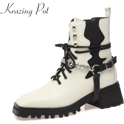 Krazing pot cow split leather square toe thick heels motorcycles boots artistic tailoring metal chains grunge style ankle boots