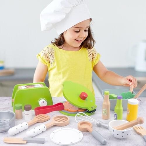 Wooden Kitchen Pretend Play Toy Simulation Salad Pancake Toast Kitchen Simulation Toy Baby Early Learning Educational Toys
