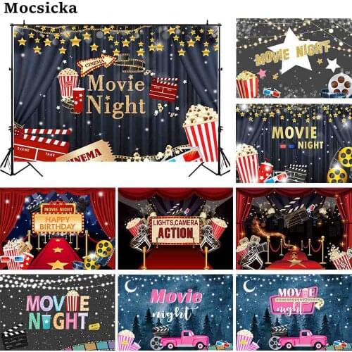 Movie Night Party Backdrop for Photo Studio Red Carpet Gold Star Popcorn Adult Birthday Party Poster Photo Background Photocall