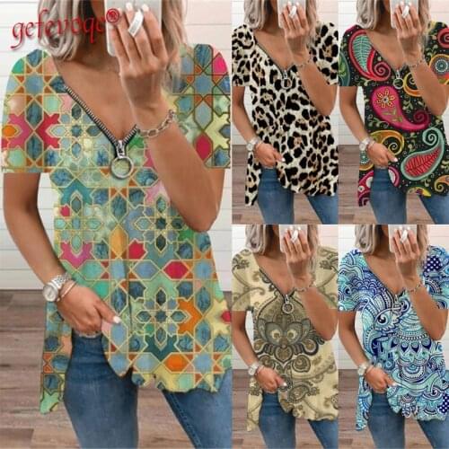 Summer Womens Clothing Zipper Graphic Printing TShirts Short Sleeve V-neck Casual Aesthetic Tees Vintage Oversize T Shirt Femme
