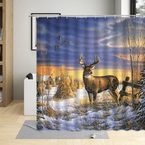 Oil Painting Forest Deer Fawn Print Shower Curtain Animal Wildlife Bathroom Curtains Waterproof Fabric Bathtub Decor With Hooks