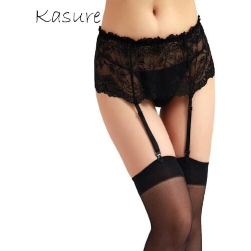 KASURE Women Sexy Lingerie Garters Bow Perspective Lace Thigh-Highs Stockings Garter Belt Erotic Suspender Intimates Pantyhose