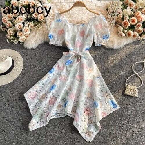 2021 New Summer Fashion versatile square collar short sleeve Dress waist slim irregular Floral Lace Dress
