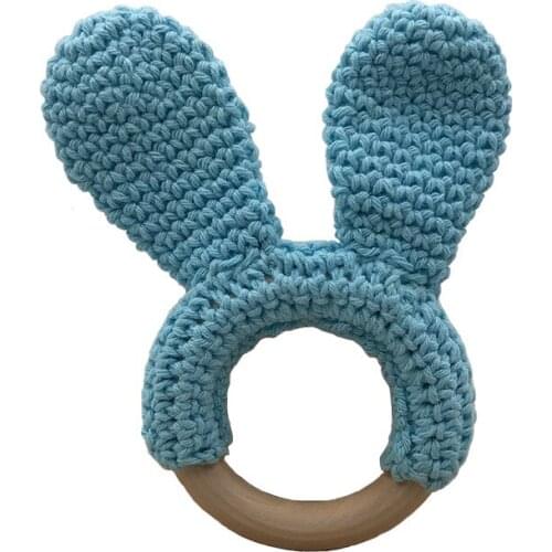New Hot Sale 1Pcs Baby Teether Bunny Ear Crochet Wooden Ring Safe Organic Wood Teething Rattle Toys For Baby Gifts
