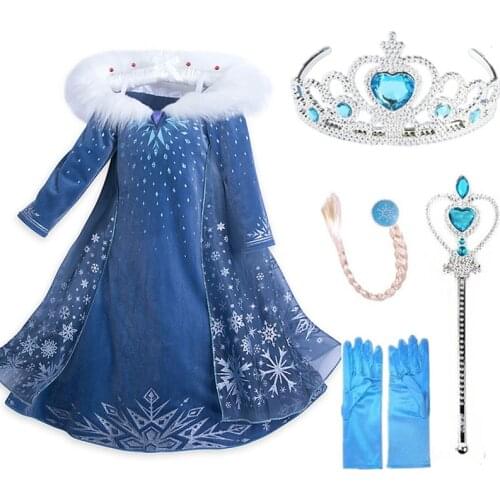 Elsa Princess Dresses Girls Party Cosplay Clothing Queen Cartoon Dress Kids Frozen Cosplay Costume Crown Set Gift Vestidos