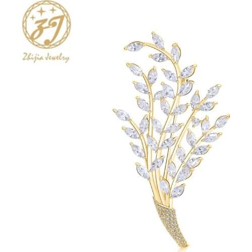 Zhijia Luxury Gold Silver Color Crystal Rhinestone Zircon Leaf Bouquet Pins Brooches For Women Gifts Accessories