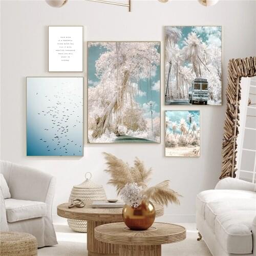 Nordic Pink Coconut Trees Poster Reed Plant Car Palm Road Landscape Art Print Quotes Wall Art Canvas Painting Picture Home Decor