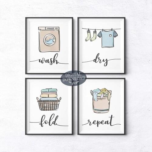 Wash Dry Fold Repeat Laundry Sign Colorful Wall Art Print Canvas Painting Nordic Poster And Print Wall Pictures Utility Room