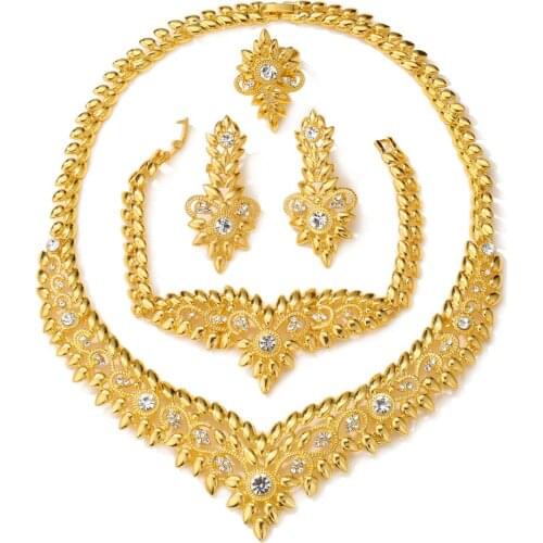 WANGAIYAO2021 New Middle East Dubai Jewelry Diamond Set Womens Necklace Earrings Ring Bracelet Four-piece Jewelry Wedding Gift