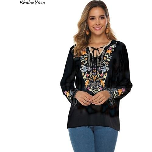 KHALEE YOSE Floral Embroidery Boho Blouses Shirt Cotton Mexican Spring Shirt Long Sleeve Plus Size Lace Tie Up 3xl Ethnic Shirt