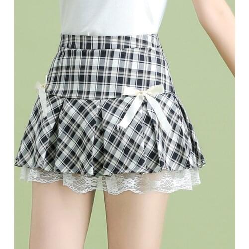 Korean Style Pleated Skirt Mini Summer 2021 High Waist Plaid Skirts Womens Fashion Lace Patchwork A Line Skort Black Red Purple