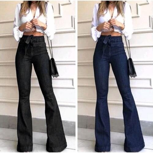 Womens Solid Color Long Jeans, Lace-up Waistband High Waist Flared Long Trouser for All Seasons