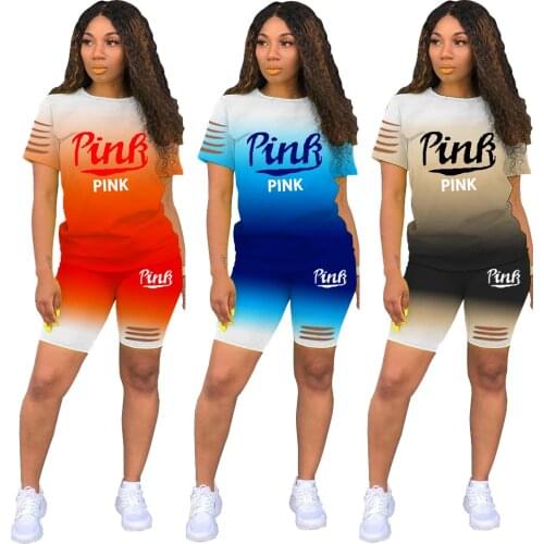 Letter Print Pink Outfits Summer New 2021 Women Casual Yoga Short Ripped Sleeves Two Piece Biker Short Set