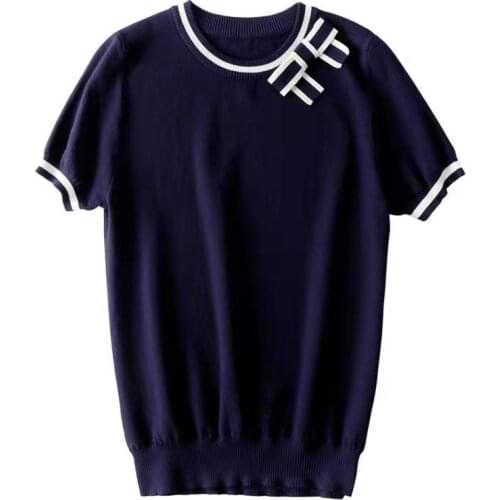 Korean Fashion Sweater Bow Patchwork Short Sleeve Women Elegant Summer Knitted Pullover Casual O-Neck Thin Sweaters Tops Pul
