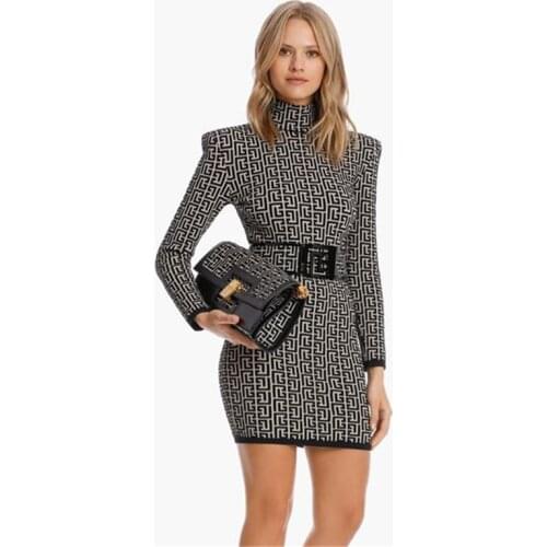 High Quality Women Jacquard Mini Dress Winter New Sexy O Neck Full Sleeve Celebrity Designer Fashion Evening Party Dress