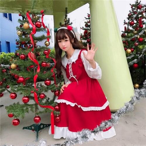 2020 fashion Autumn summer gothic lolita dress women kawaii clothing loli red sleeveless dress + bottoming shirt female cute