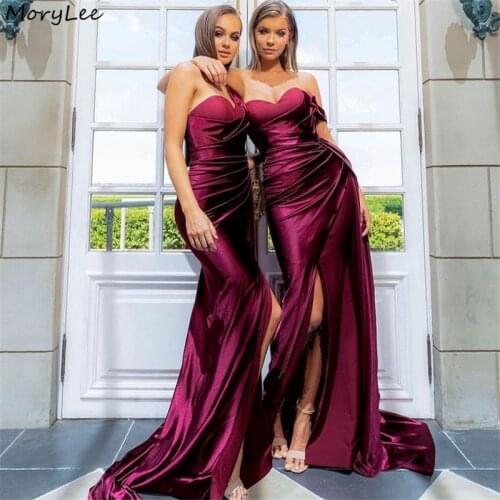 Burgundy Bridesmaid Dresses One Shoulder Silk Satin Side Slit Mermaid Bridesmaid Dresses Wedding Party Bridesmaid Gowns