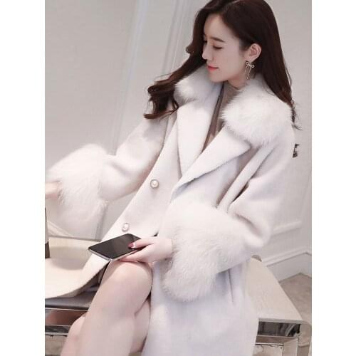 Lamb wool coat female winter middle long full wool grain fur one sheep sheared fur coat female fur collar
