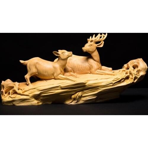 11.4 inches Chinese boxwood carving Handwork Fawn mother and child sculpture Collection Home Decor lucky Ornaments Business Gift