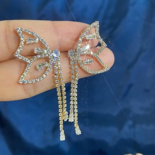 Bow Butterfly Chain Line Tassel Earring Gold Color Cubic Zircon For Women Long Jewelry Trendy New Wholesale Mujer