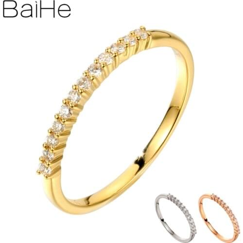 BAIHE Solid 14K Yellow Gold 0.12CT Chic Rings Lady Sparkling Diamond Engagement Anniversary Simple Style Eternal Fine Jewelry