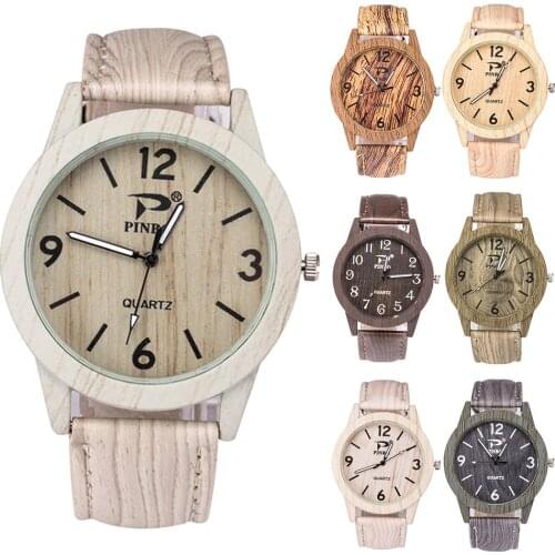 Wonderful Men Simple Analog Round Dial Wood Grain Faux Leather Band Quartz Wrist Watch