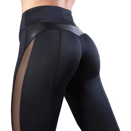 Black Fitness Leggings Women Workout Leggings Femmle leggings fitness feminina Mesh Jeggings Leather Patchwork Leggings