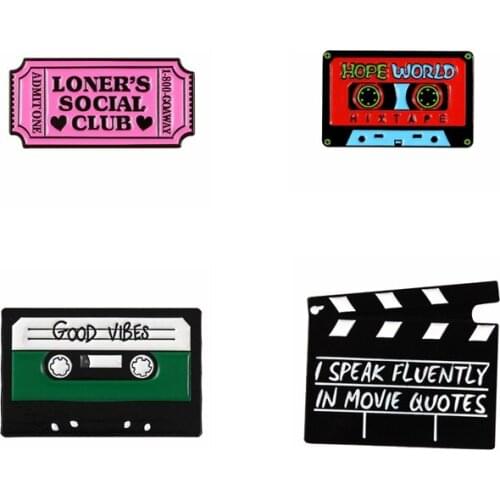 Black rubber record tape Enamel women Phonograph Card ticket Brooches badge Magnetic tape pin wholesale