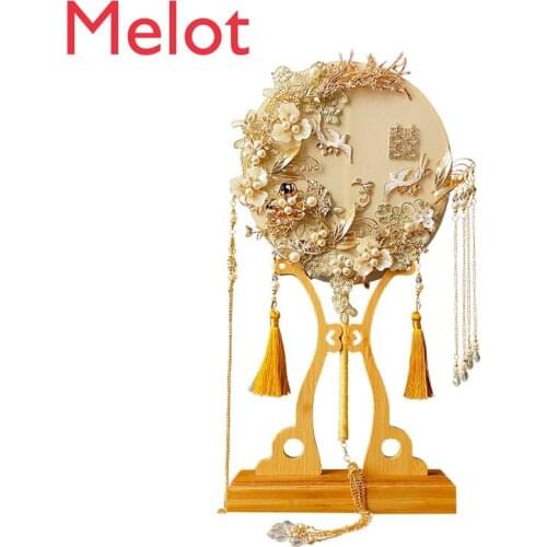 Chinese Style Handmade Banquet Wedding Fan Xiuhe Fan Embroidered Lace Bridal Holding Fan Circular Fan Wedding Fan
