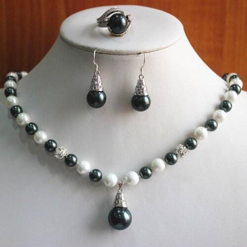 Birthday jewelry set Wholesale noble Womens 8mm white and black pearl Necklace earring ring(7/8/9) set
