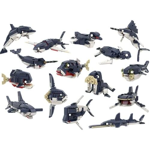 MOC 15 in 1 Marine life Shark Dolphin Turtle Sea lion Building Block Bricks Set City Great Model Assembly Toy Kit For Kids Gift