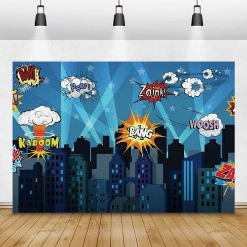Laeacco Birthday Photocall Comic City Buildings Pow Boom Pattern Superhero Photography Backdrops Photographic Backgrounds Props