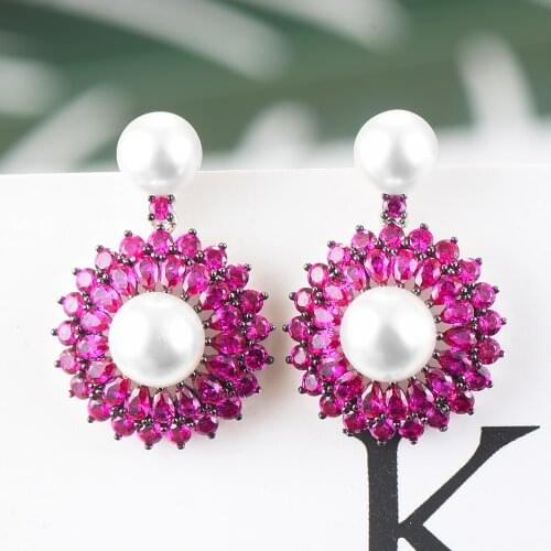 LARRAURI Luxury Pearl Flower AAA Circle Cubic Zirconia Women Bridal Engagement Earring Jewelry Addiction